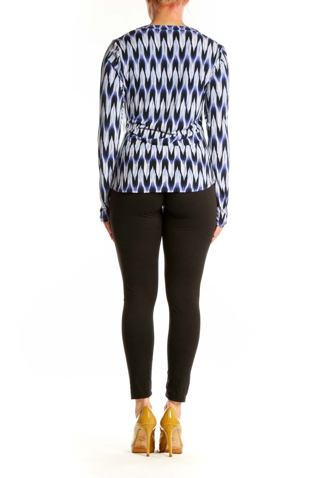 Karen Kane navy ikat print long-sleeve top with wrap-front detail, back view on model