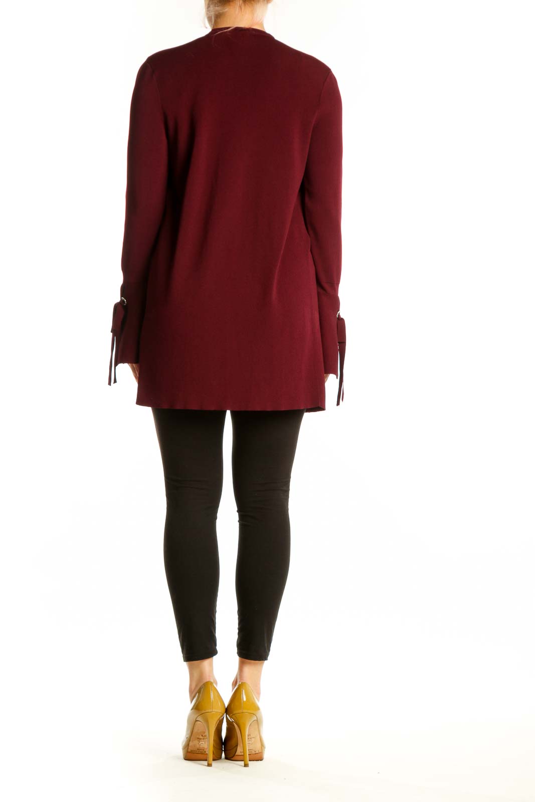 Burgundy open front cardigan with tie-detail cuffs, back view showing relaxed fit and drape