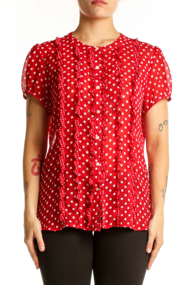 Red polka dot short sleeve top with pleated front detail and puffed sleeves by Ann Taylor LOFT