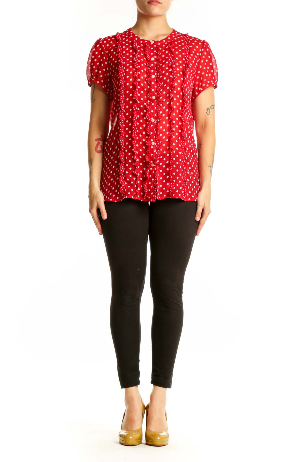 Red polka dot short sleeve top with pleated front detail and puffed sleeves by Ann Taylor LOFT