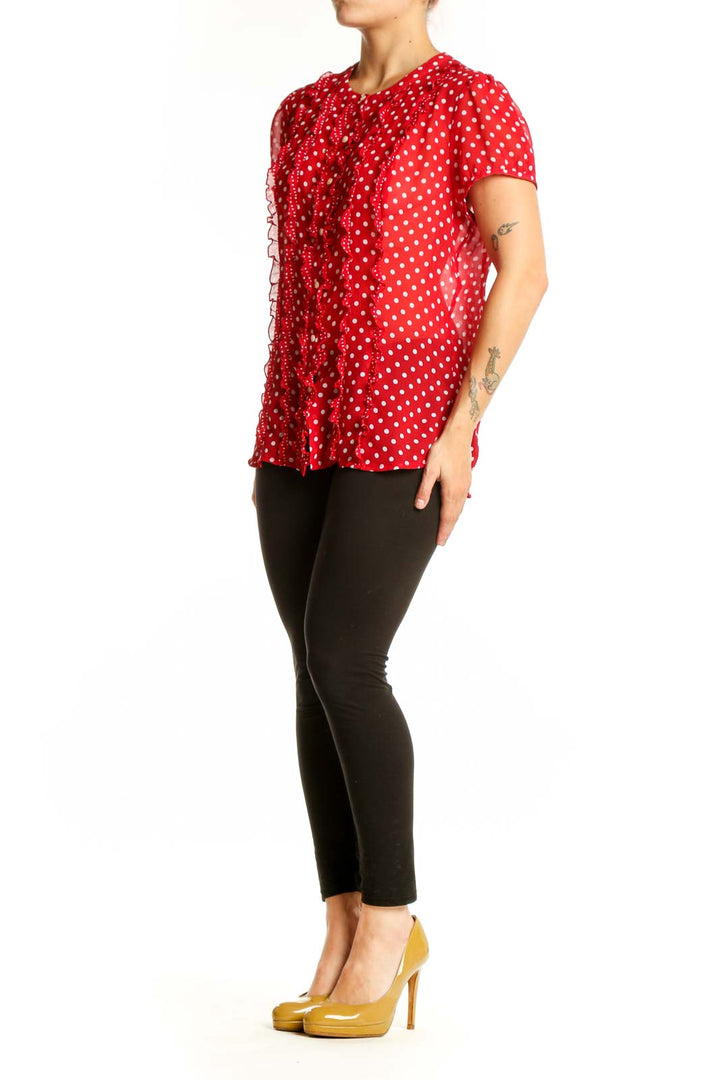 Red polka dot short sleeve top with pleated front detail and puffed sleeves by Ann Taylor LOFT