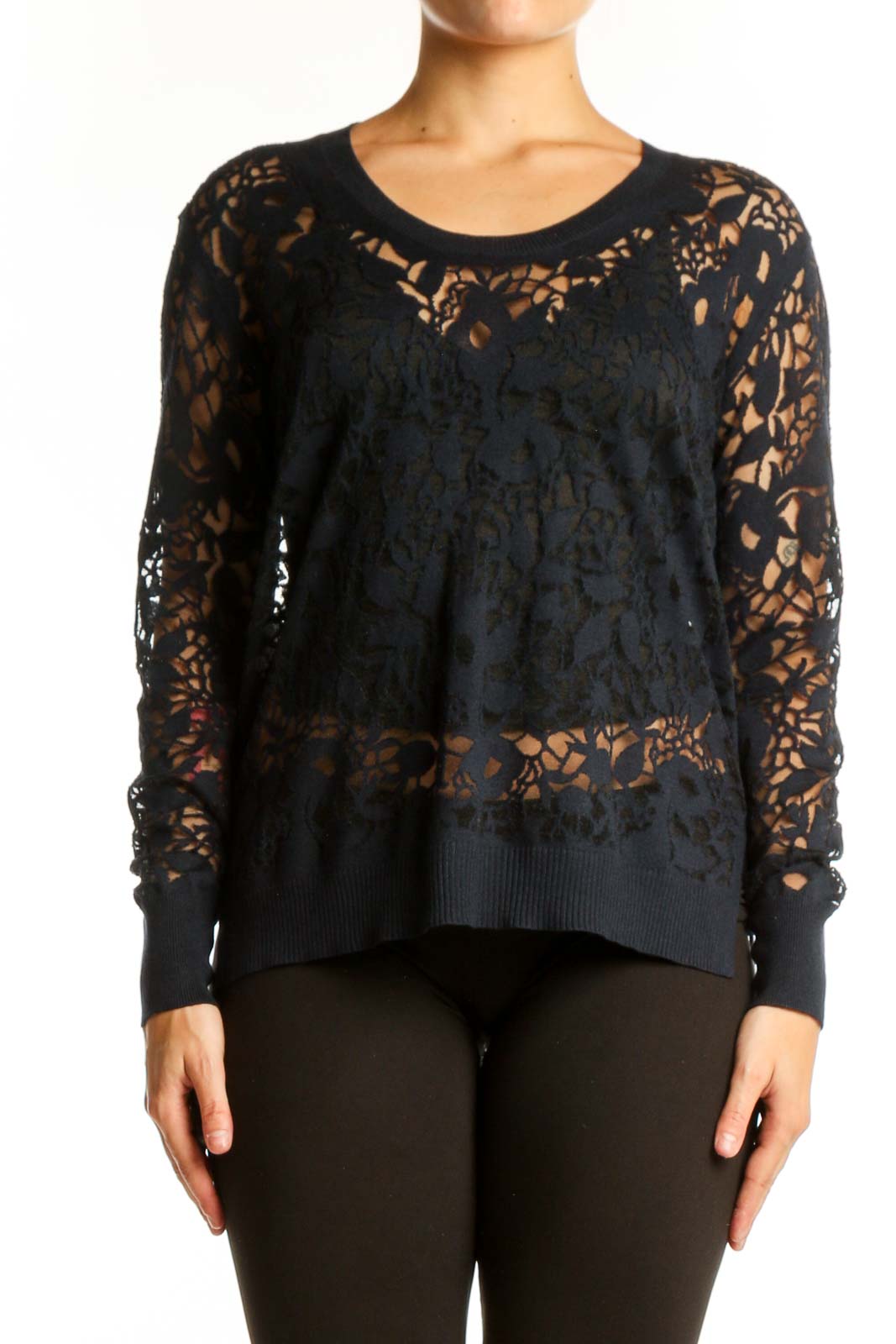 Black lace cashmere knit sweater with intricate lace detailing on sleeves and body, crew neckline, front view