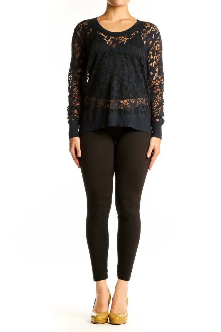 Black lace cashmere knit sweater with intricate lace detailing on sleeves and body, crew neckline, front view