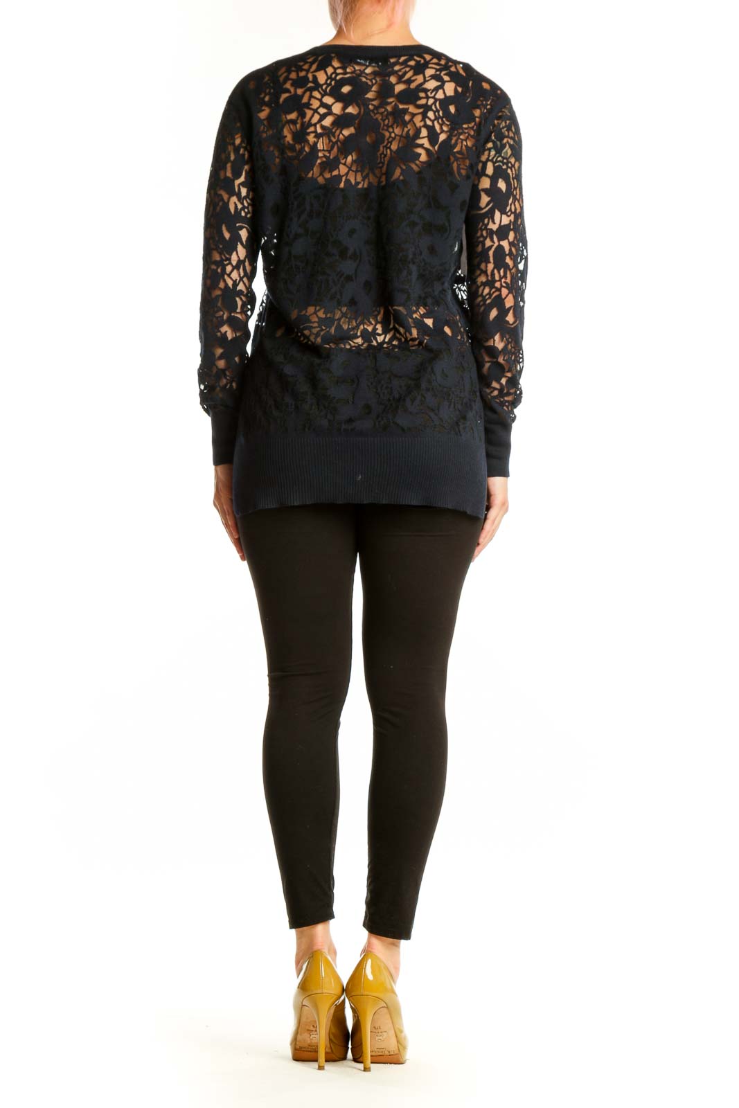 Black lace cashmere knit sweater back view showing lace pattern and design details
