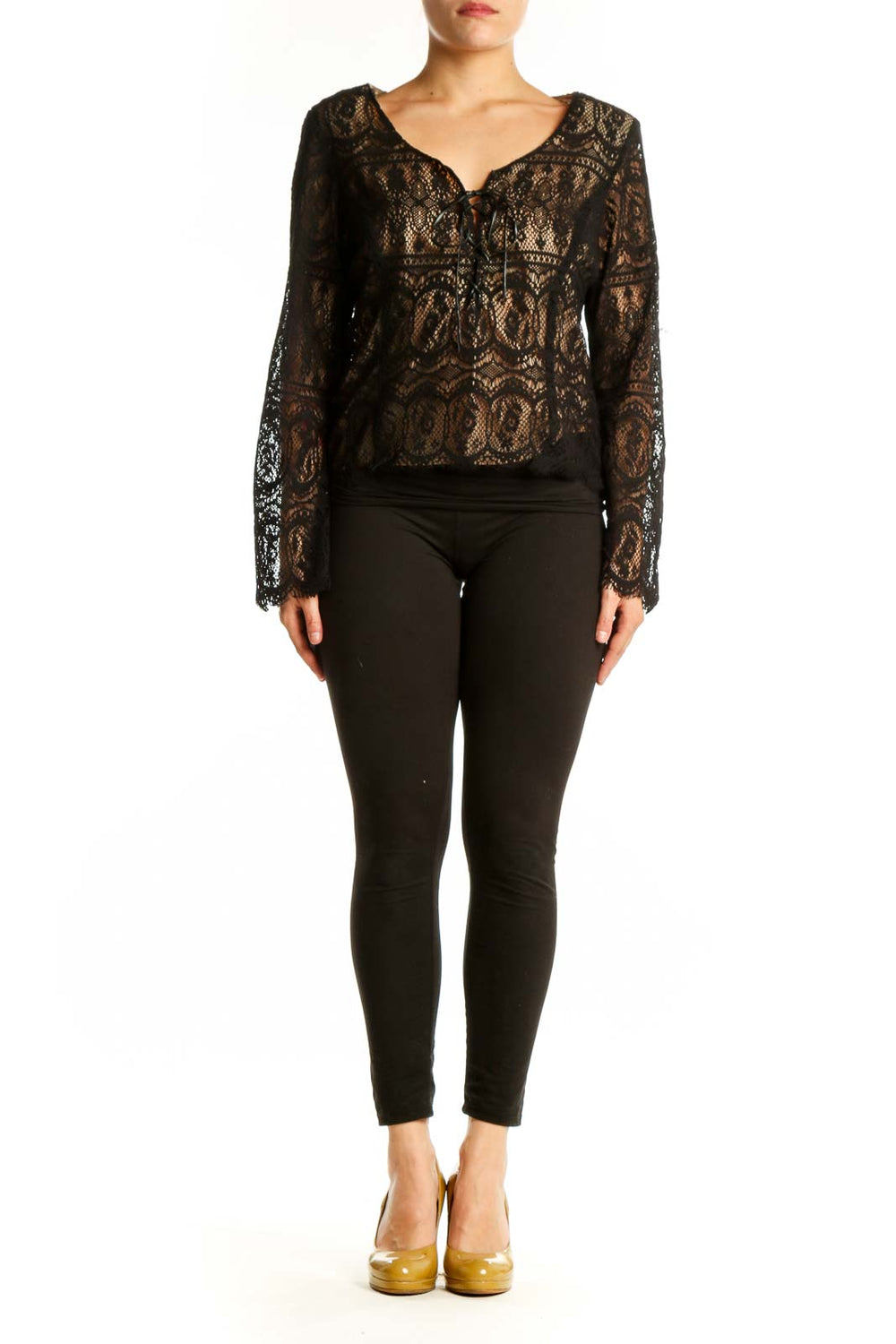 Black lace long sleeve top with geometric pattern and scoop neckline, front view