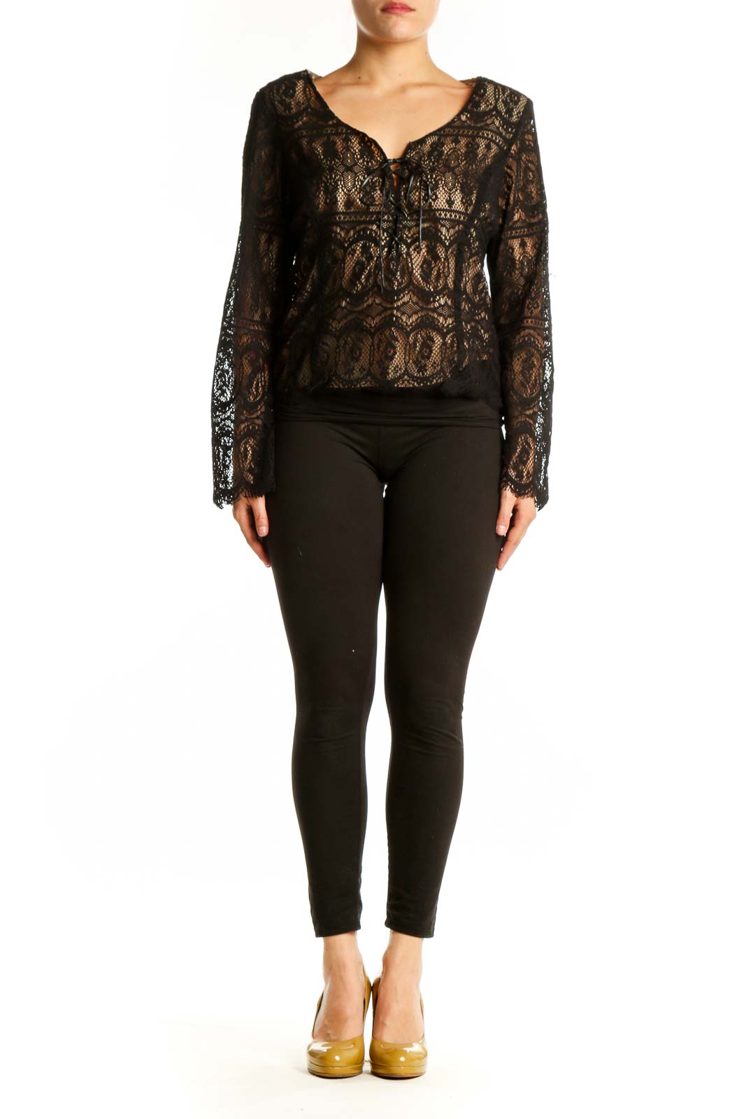 Black lace long sleeve top with geometric pattern and scoop neckline, front view