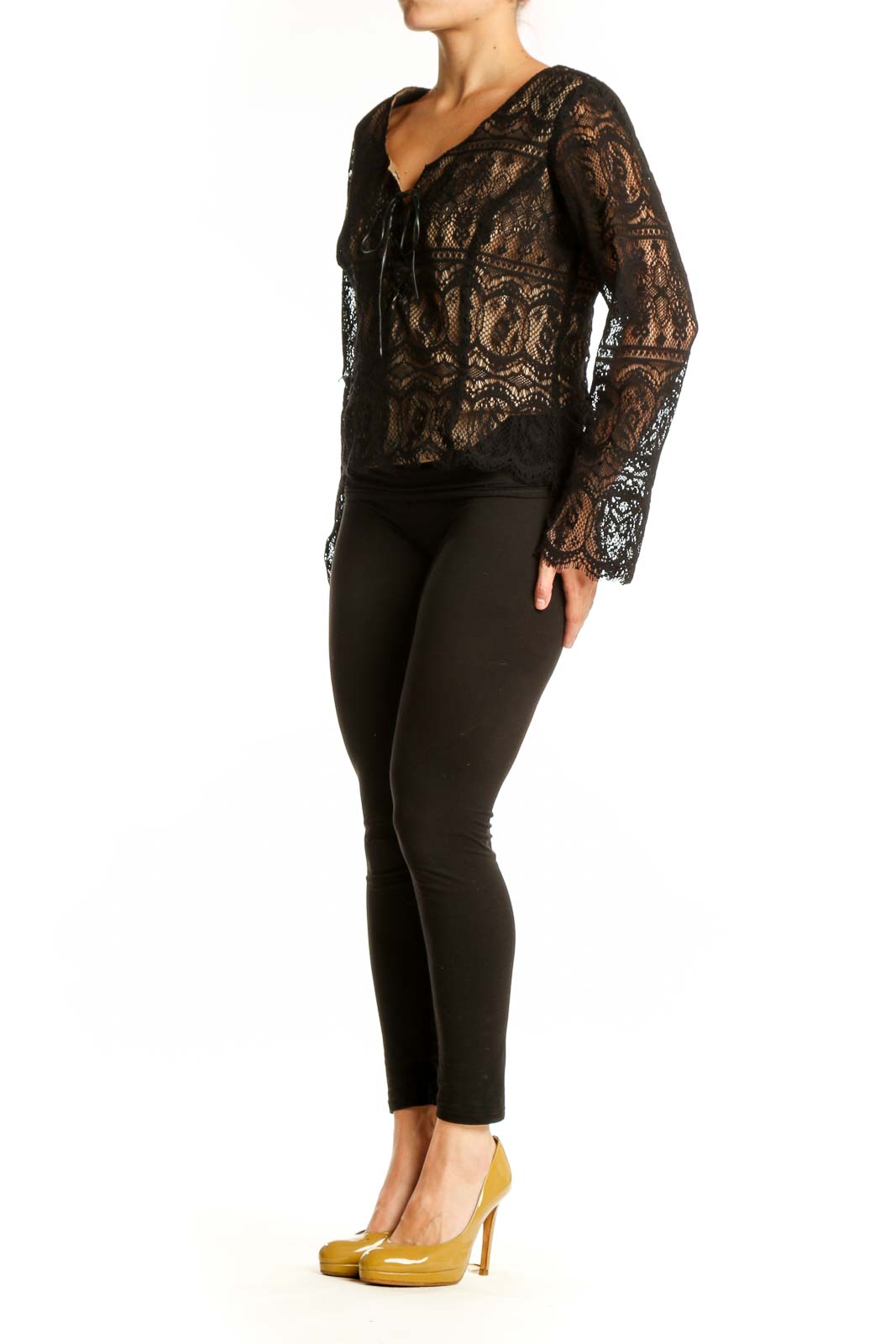 Black lace long sleeve top with geometric pattern and scoop neckline, front view