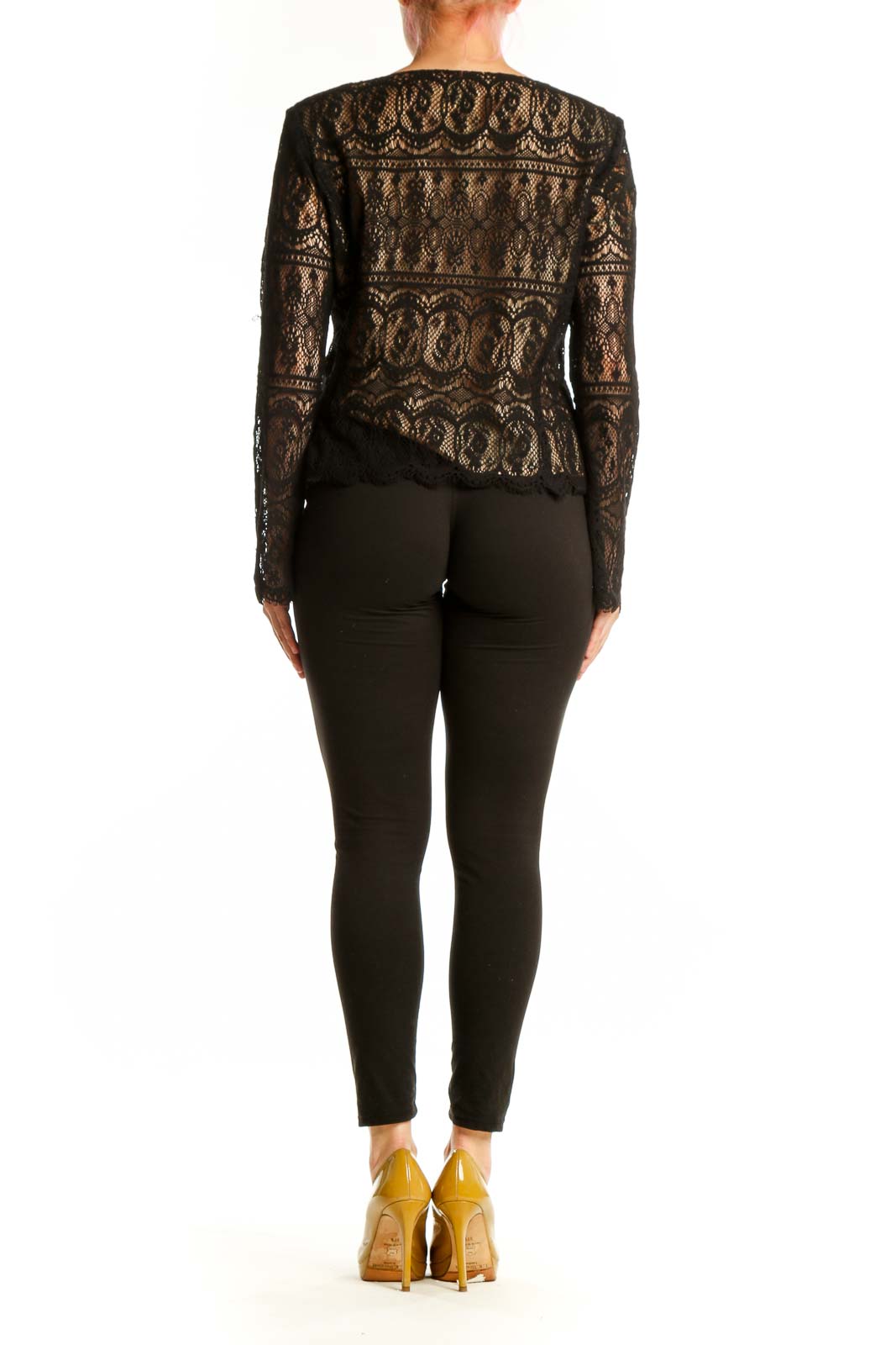 Black lace long sleeve top with tie closure detail, back view