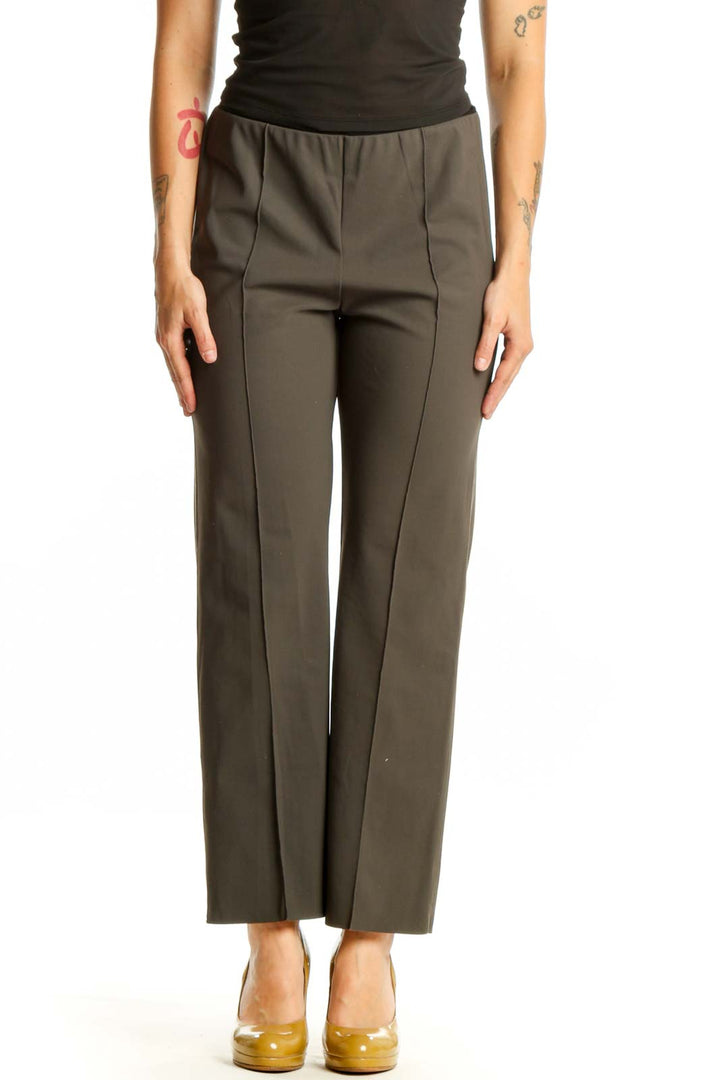 Olive green Athleta activewear pants front view, size M, nylon and spandex blend