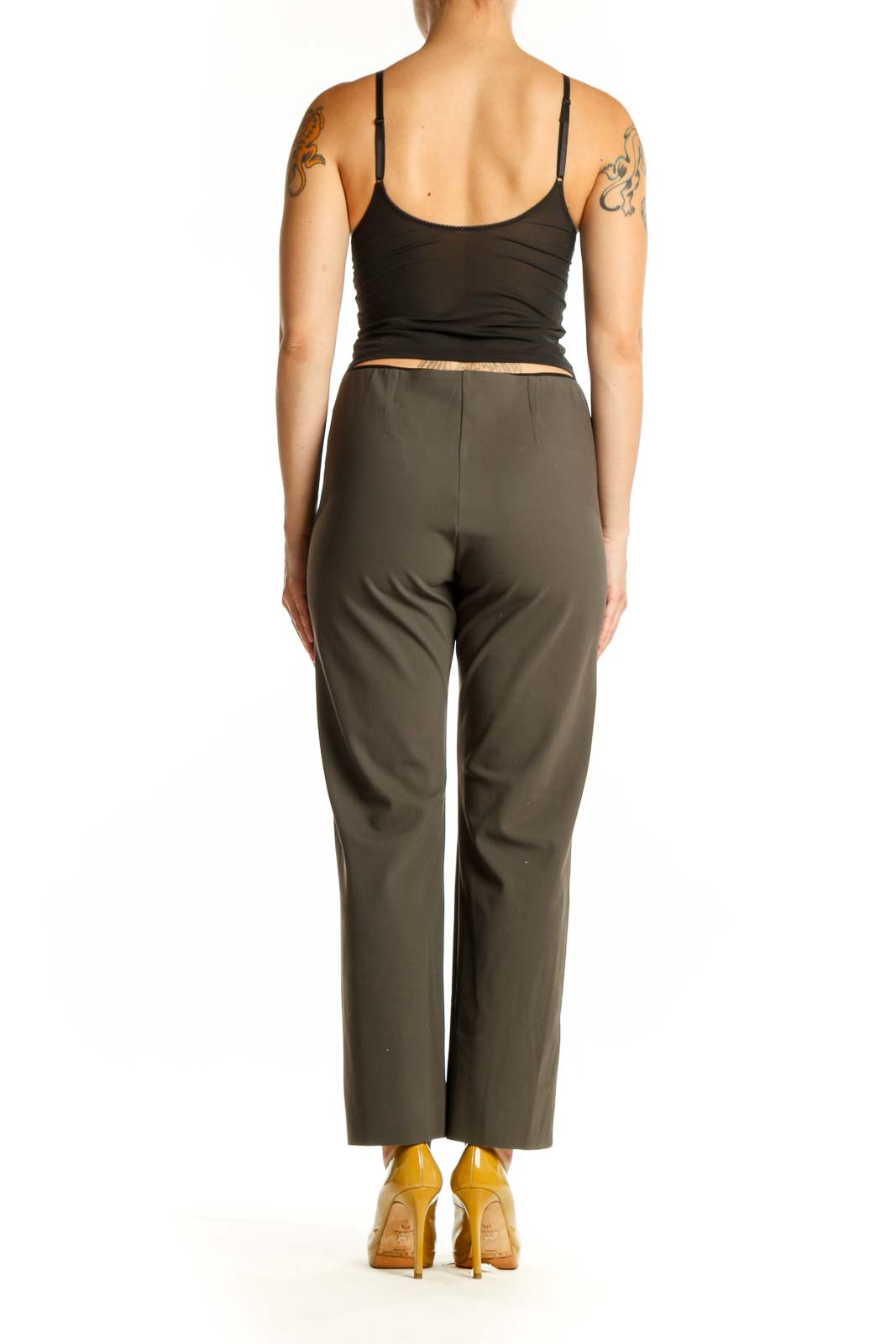 Olive green Athleta activewear pants back view, showing flattering fit and drape