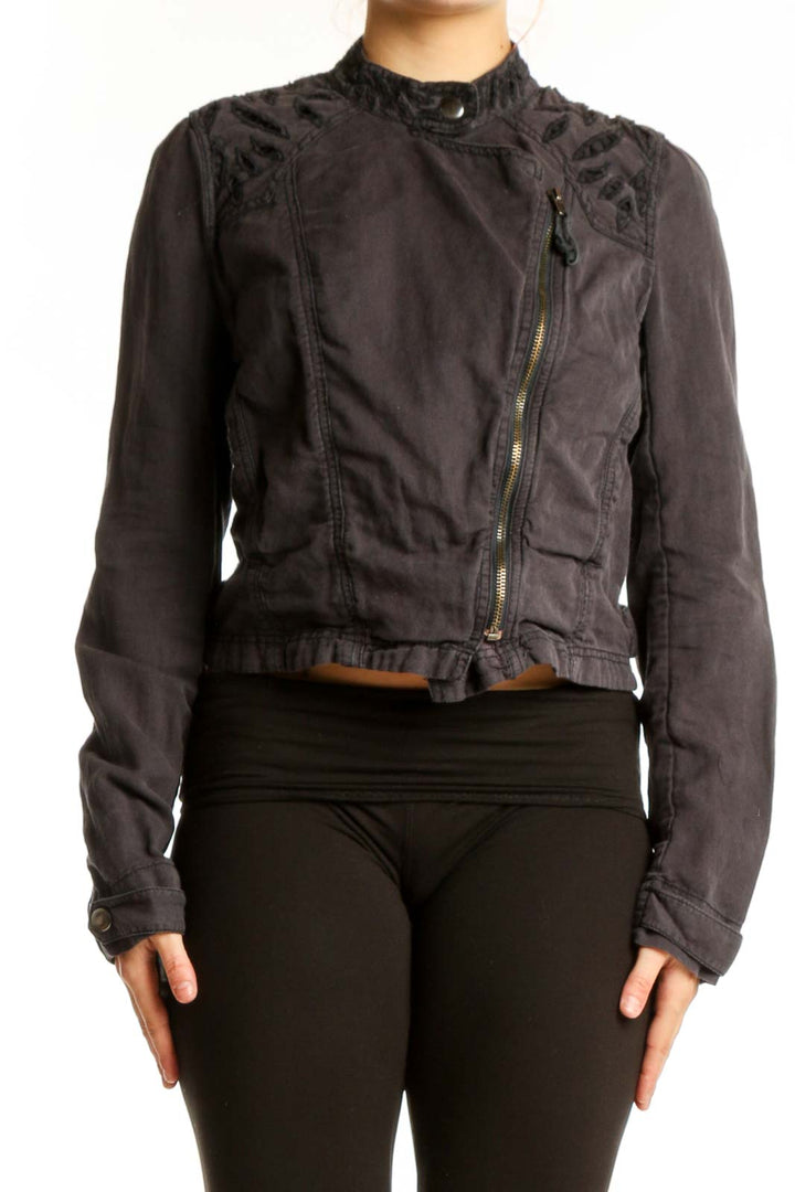 Black cropped biker jacket with asymmetrical zip and textured shoulders, front view