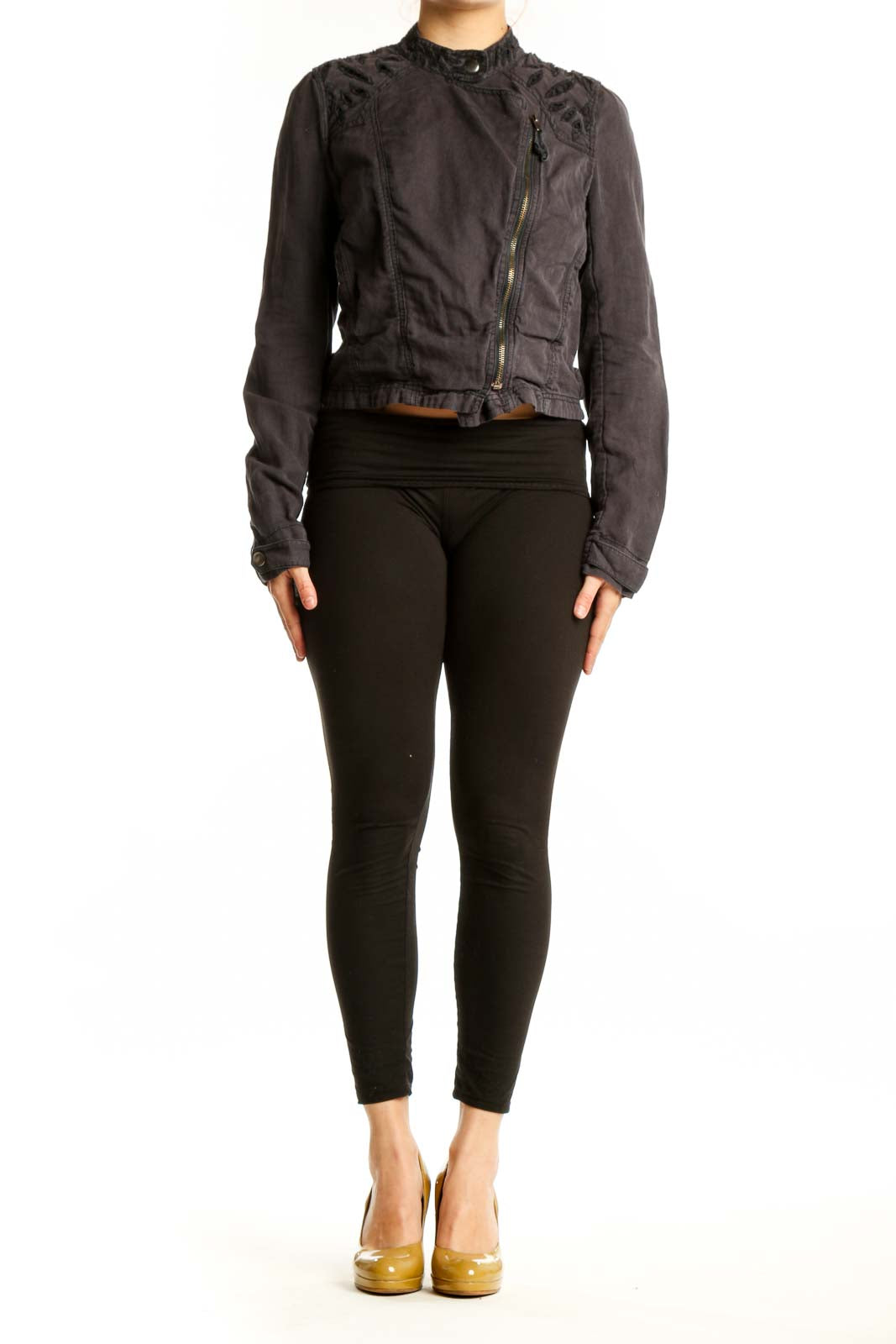 Black cropped biker jacket with asymmetrical zip and textured shoulders, front view
