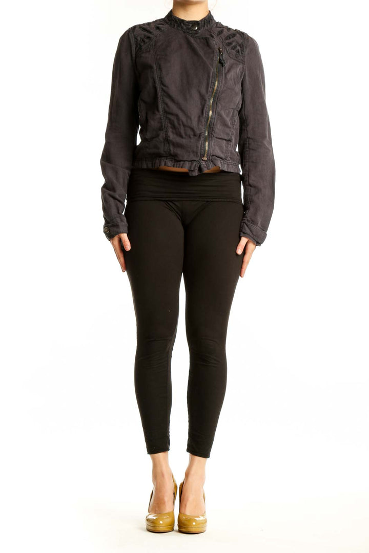 Black cropped biker jacket with asymmetrical zip and textured shoulders, front view