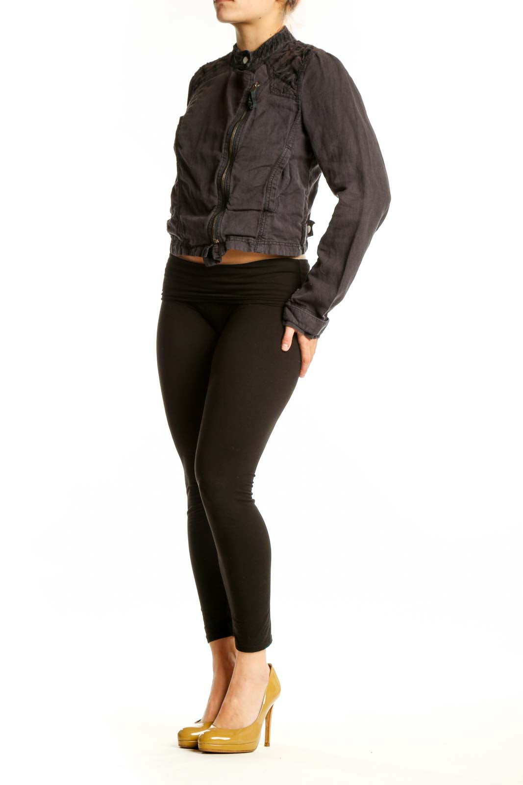 Black cropped biker jacket with asymmetrical zip and textured shoulders, front view
