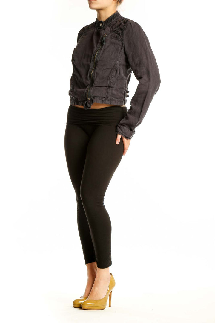 Black cropped biker jacket with asymmetrical zip and textured shoulders, front view
