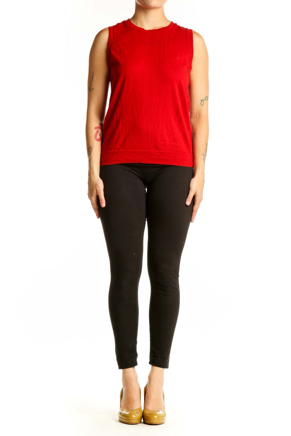 Red cotton sleeveless tank top with crew neckline, front view on model
