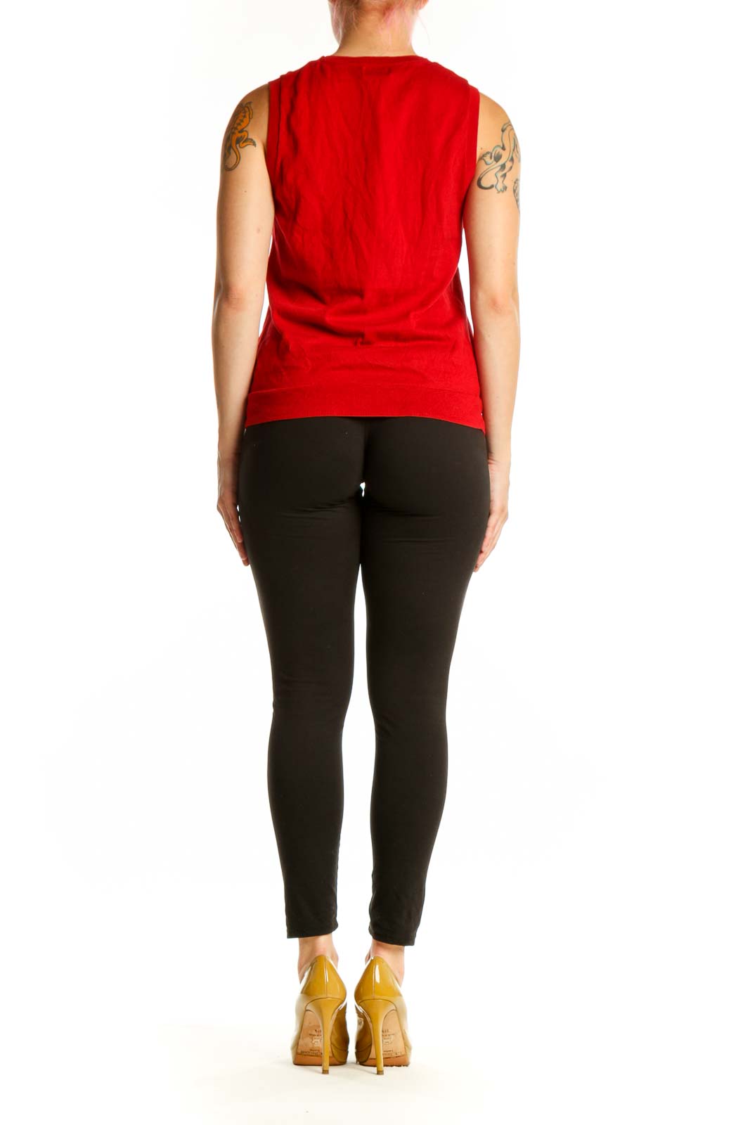 Red cotton sleeveless tank top with crew neckline, back view on model