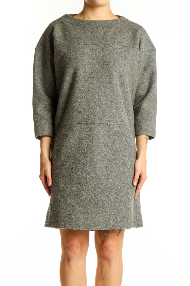 Front view of gray wool-blend shift dress with three-quarter sleeves and crew neckline