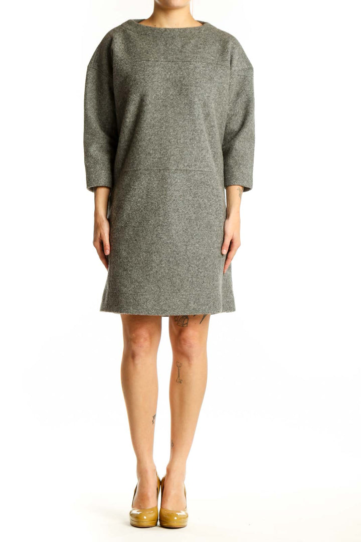 Front view of gray wool-blend shift dress with three-quarter sleeves and crew neckline