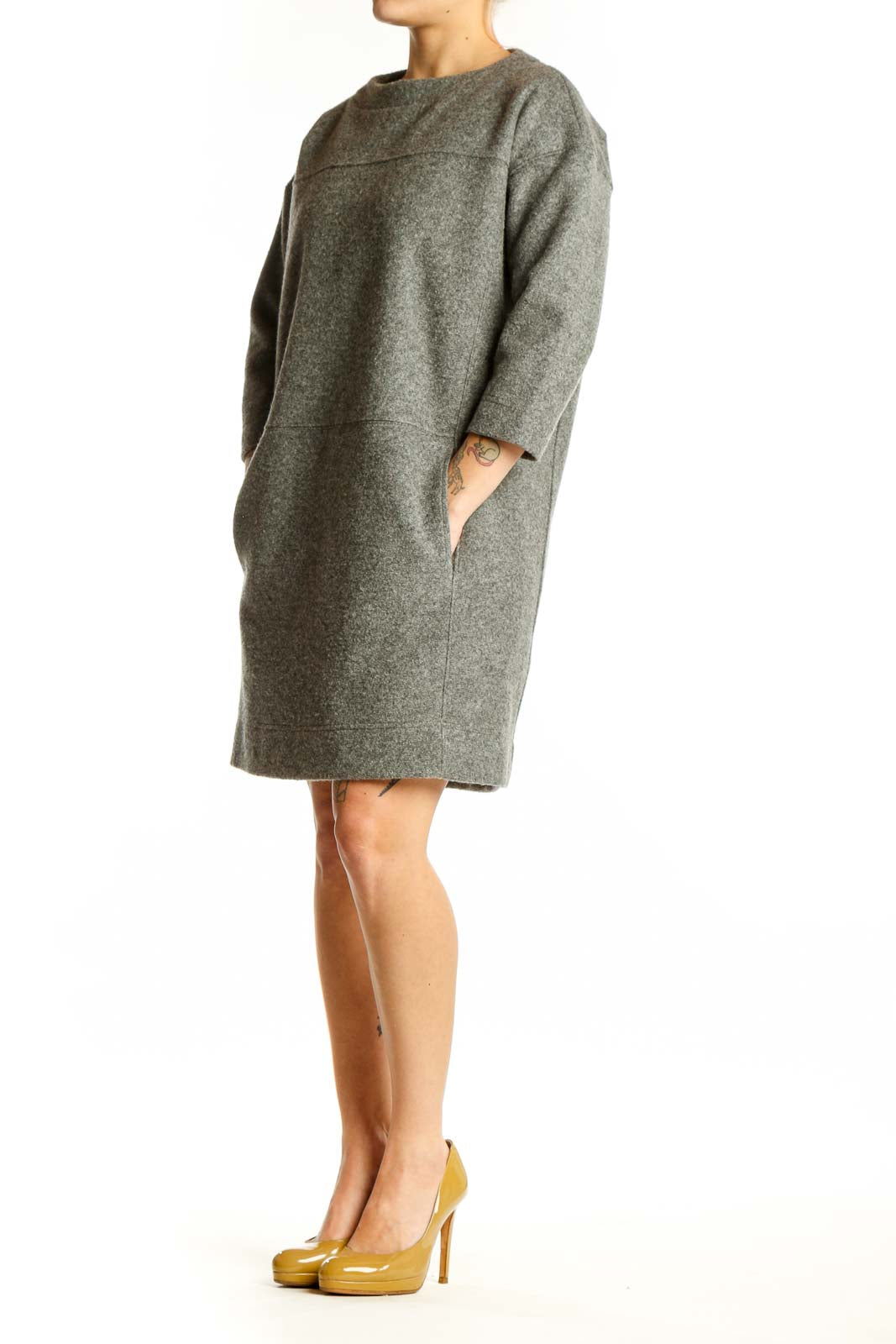 Front view of gray wool-blend shift dress with three-quarter sleeves and crew neckline
