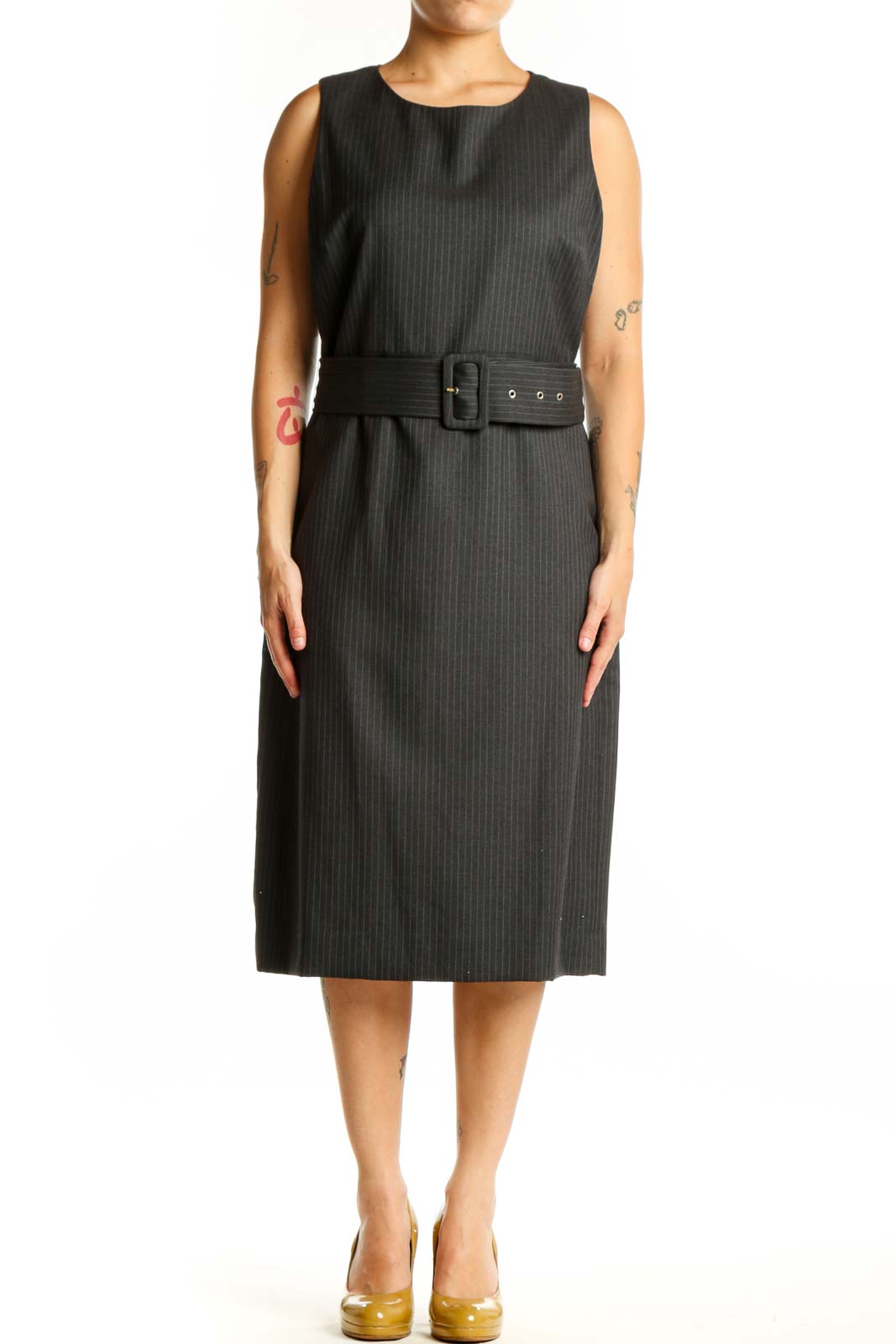 Black pinstriped wool midi dress with belted waist, front view