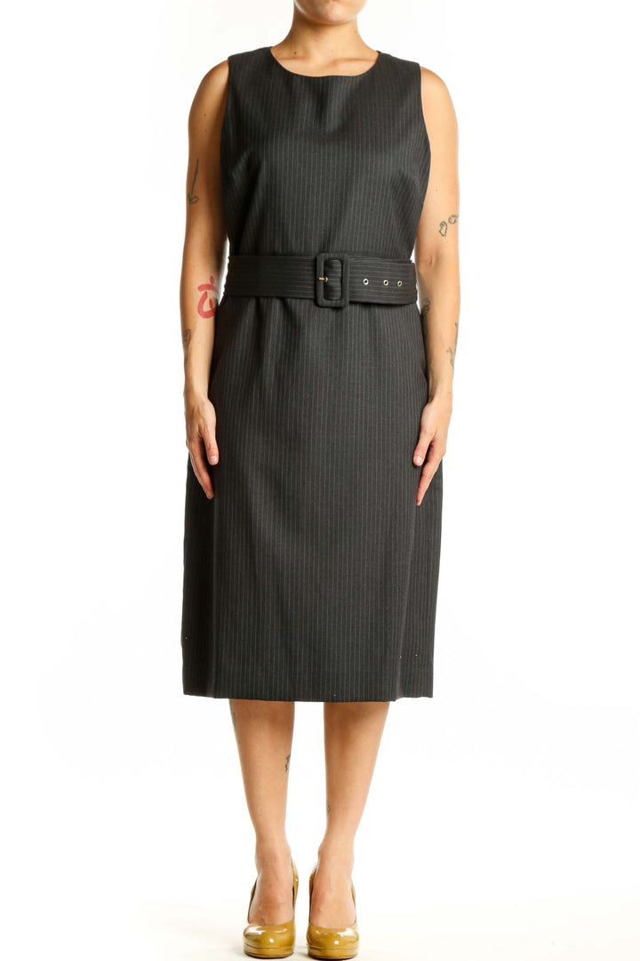Black pinstriped wool midi dress with belted waist, front view