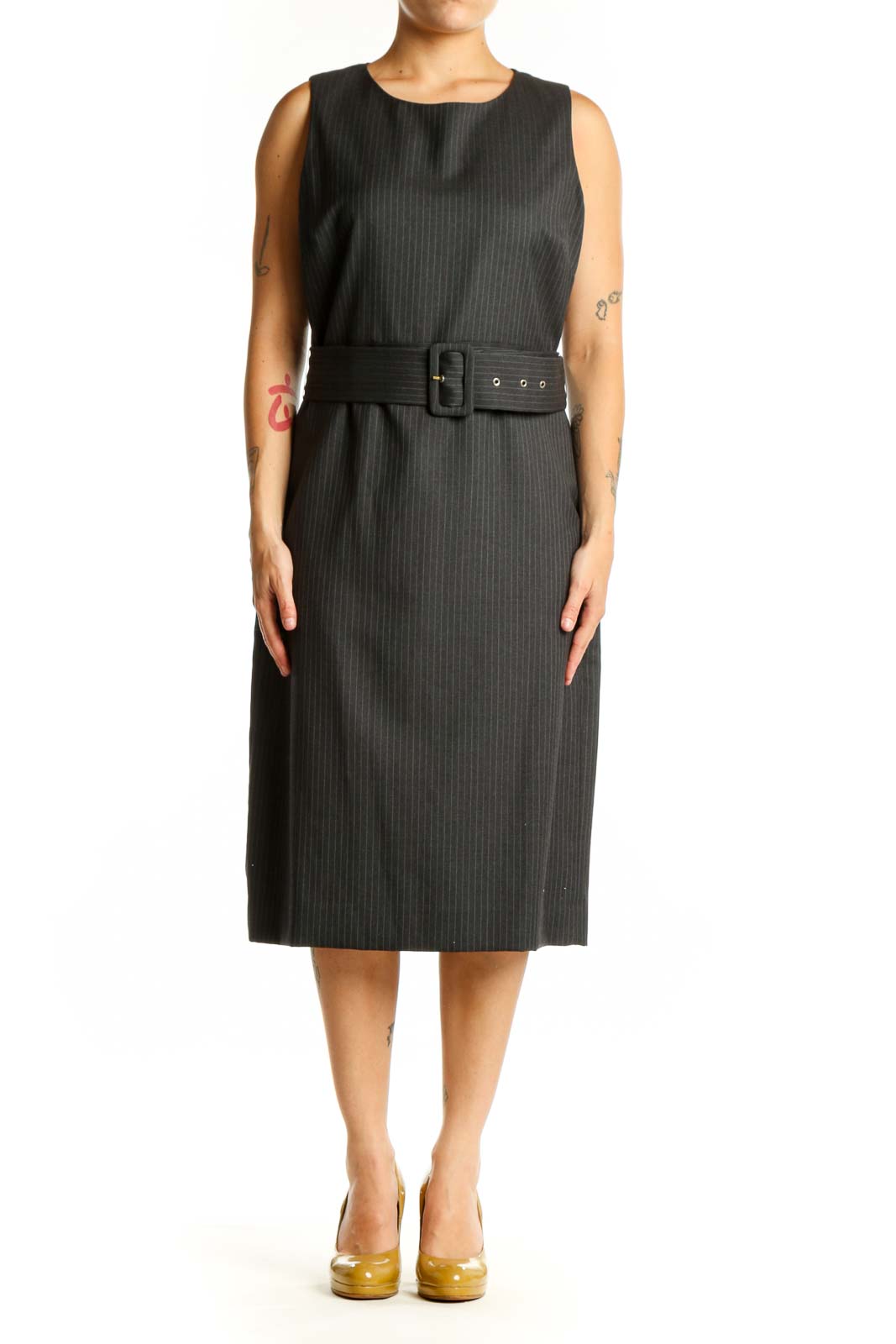 Black pinstriped wool midi dress with belted waist, front view