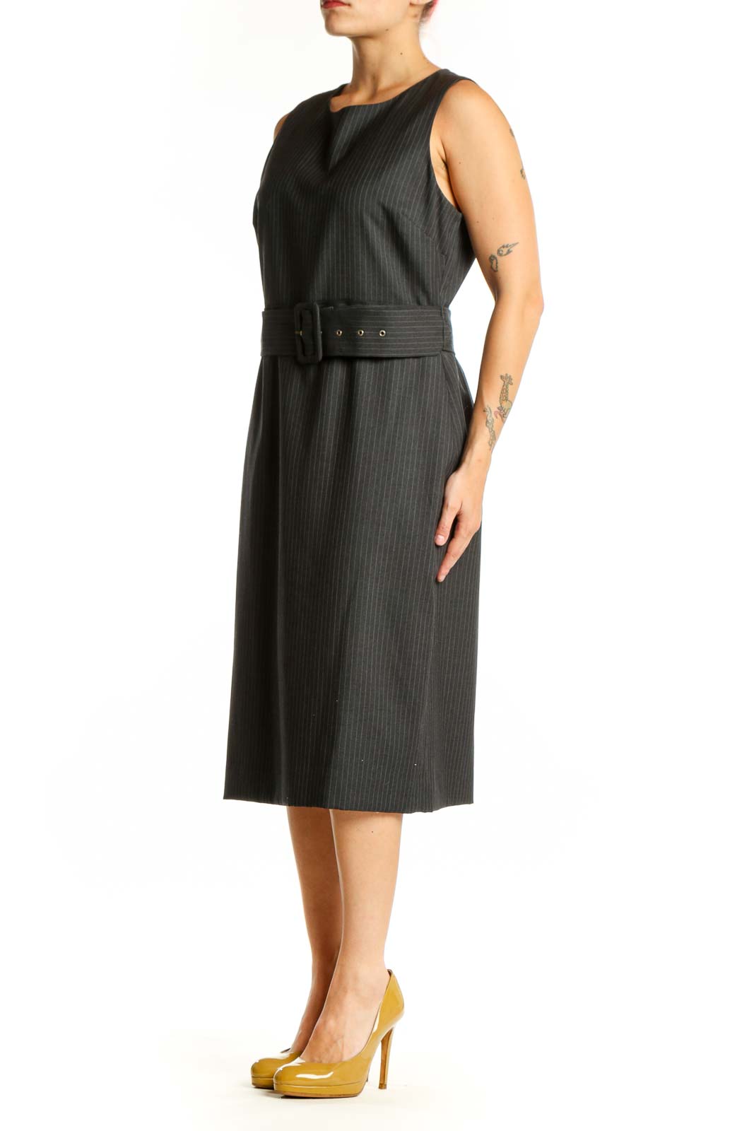 Black pinstriped wool midi dress with belted waist, front view