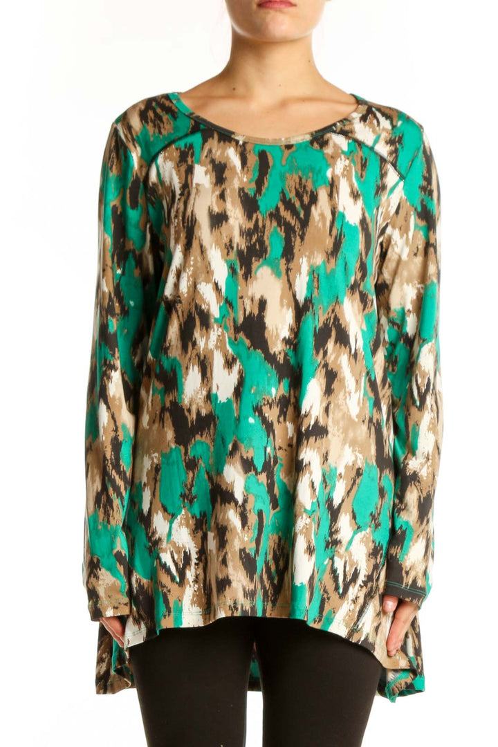 Renuar green abstract print long-sleeve top with cream and brown tones, front view on model