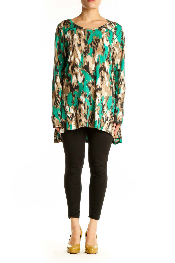 Renuar green abstract print long-sleeve top with cream and brown tones, front view on model
