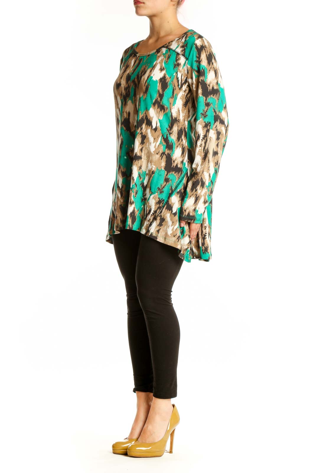 Renuar green abstract print long-sleeve top with cream and brown tones, front view on model