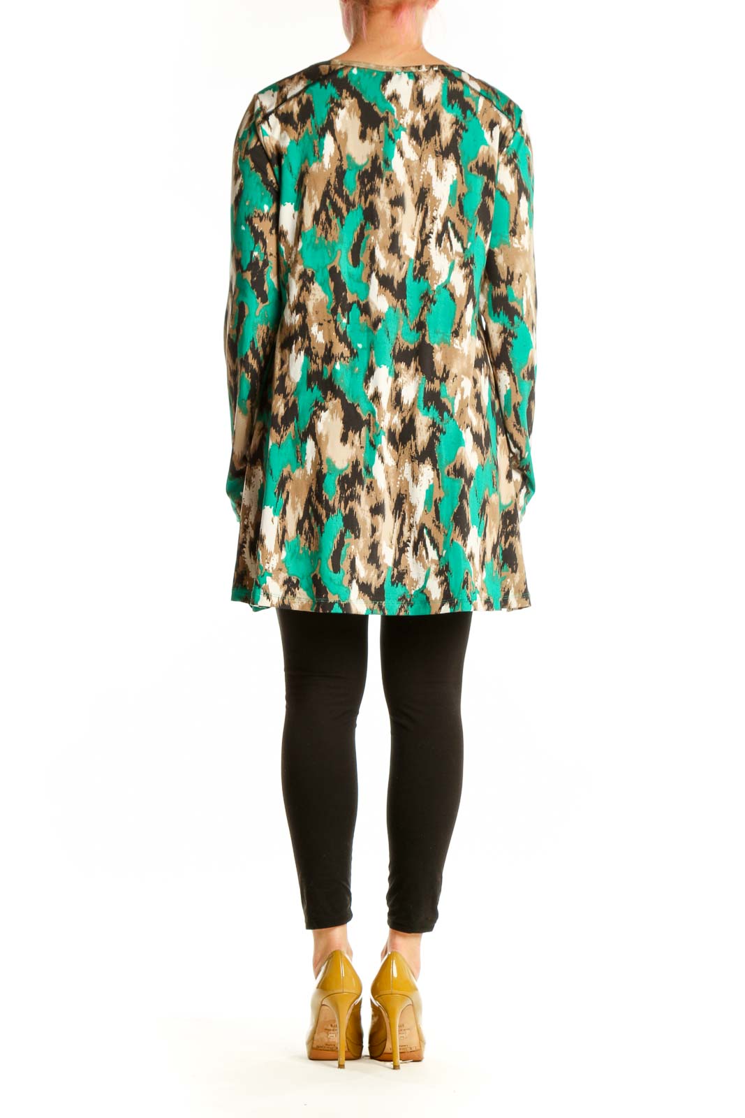 Renuar green abstract print long-sleeve top back view, showing flowing silhouette and relaxed fit