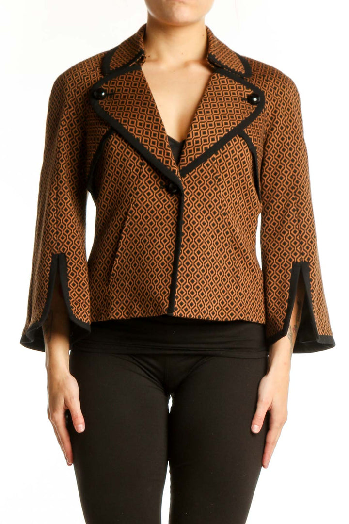 Brown geometric patterned Nine West blazer jacket with black notched collar and trim, front view on model