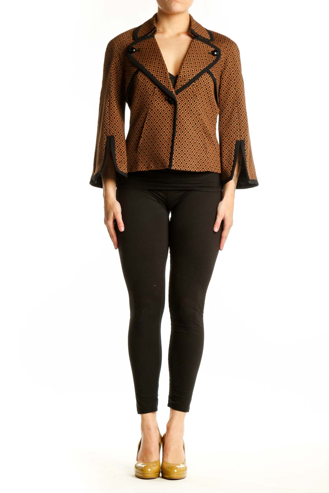 Brown geometric patterned Nine West blazer jacket with black notched collar and trim, front view on model