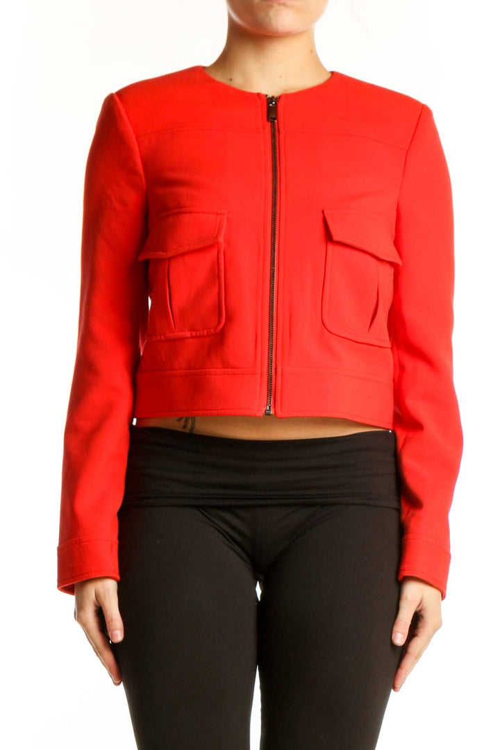 Red cropped utility jacket with cargo pockets and full-length zipper, front view
