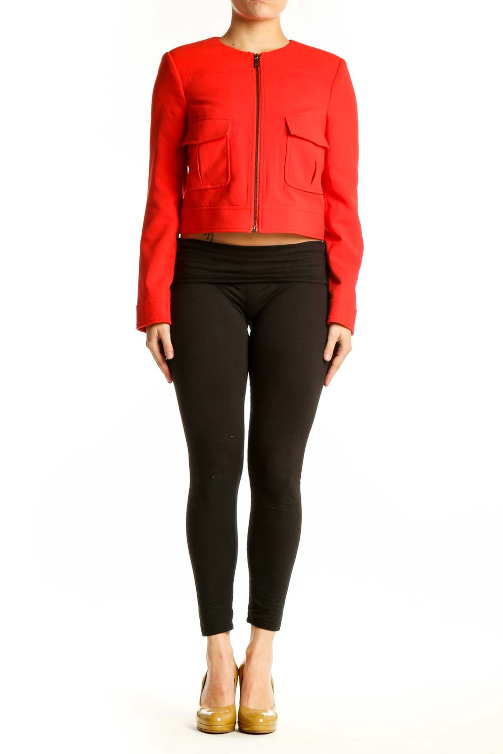 Red cropped utility jacket with cargo pockets and full-length zipper, front view
