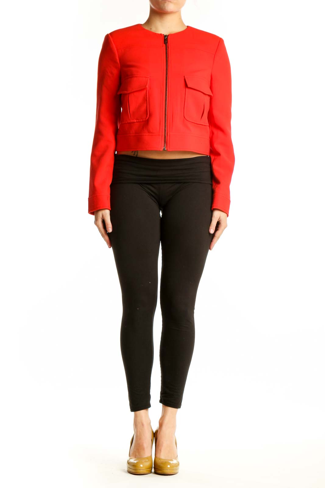 Red cropped utility jacket with cargo pockets and full-length zipper, front view
