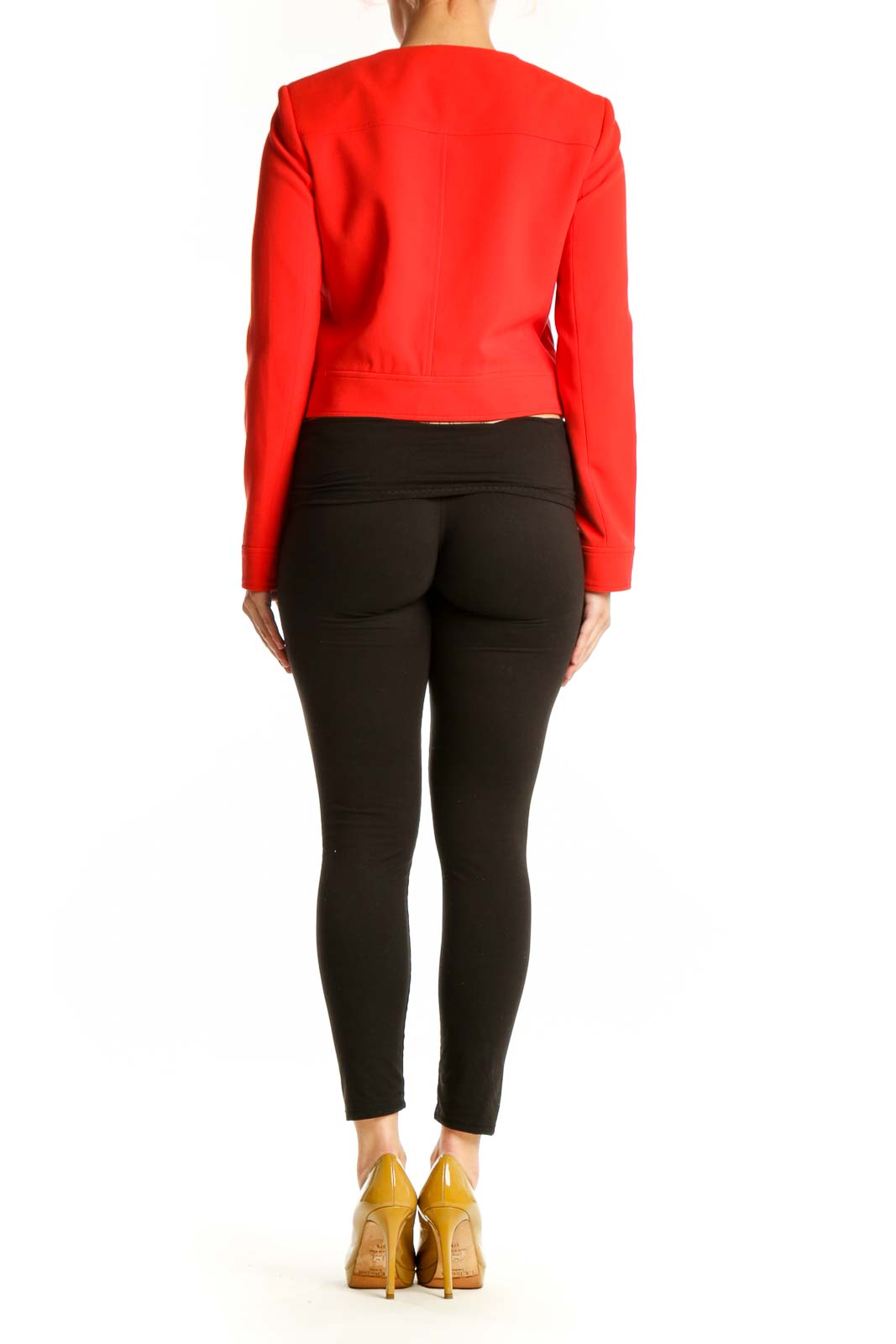 Red cropped utility jacket back view showing structured fit and cargo pocket details