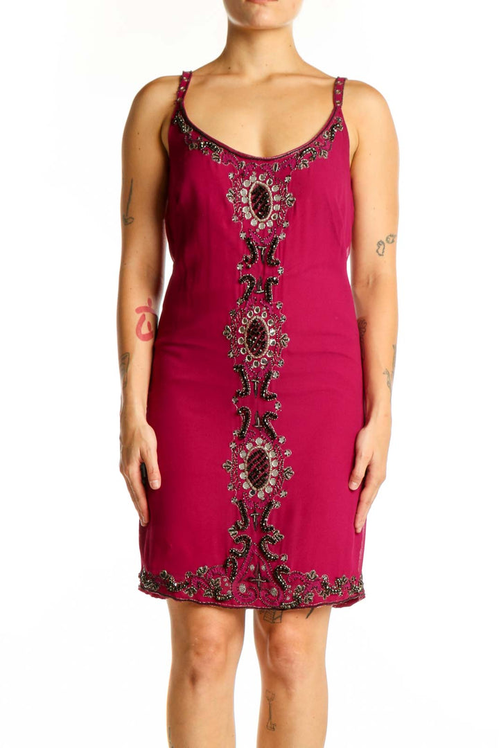 Burgundy embellished camisole dress with jeweled V-neckline and center front detail, front view