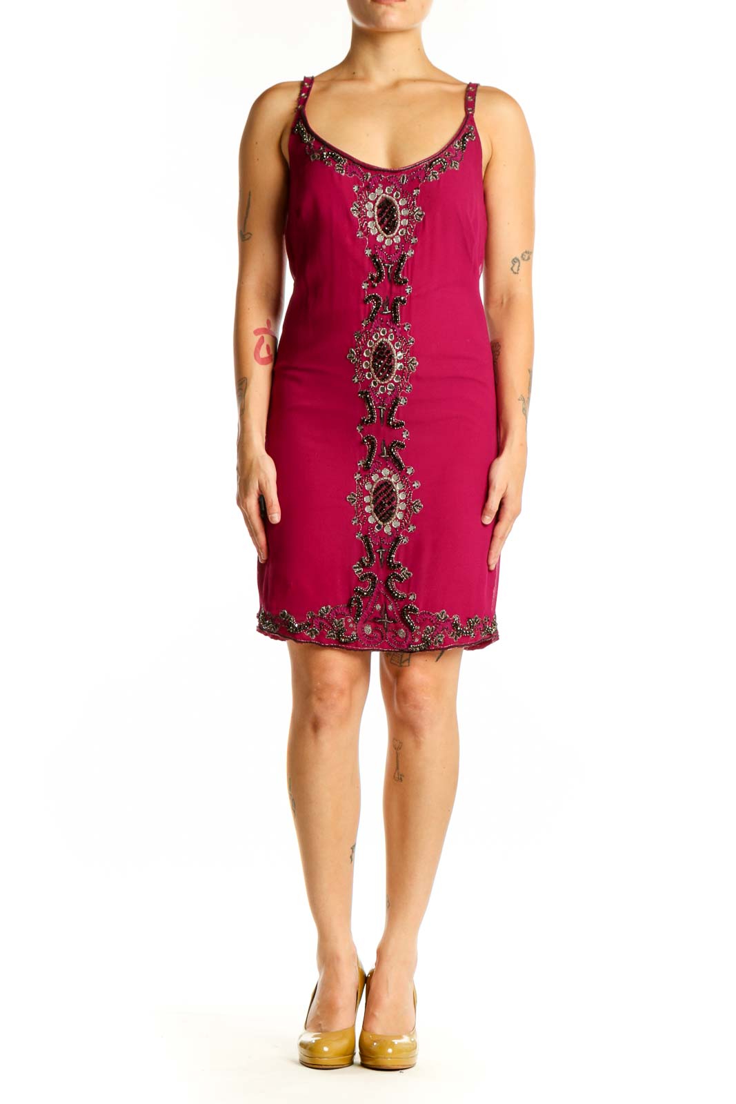 Burgundy embellished camisole dress with jeweled V-neckline and center front detail, front view