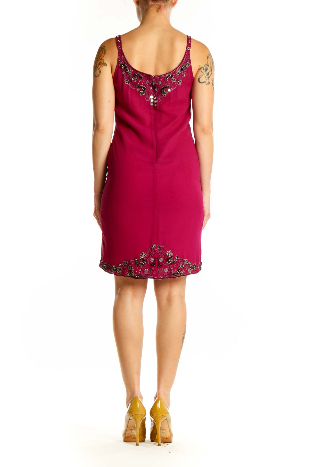 Burgundy embellished camisole dress with jeweled back detail and spaghetti straps, back view