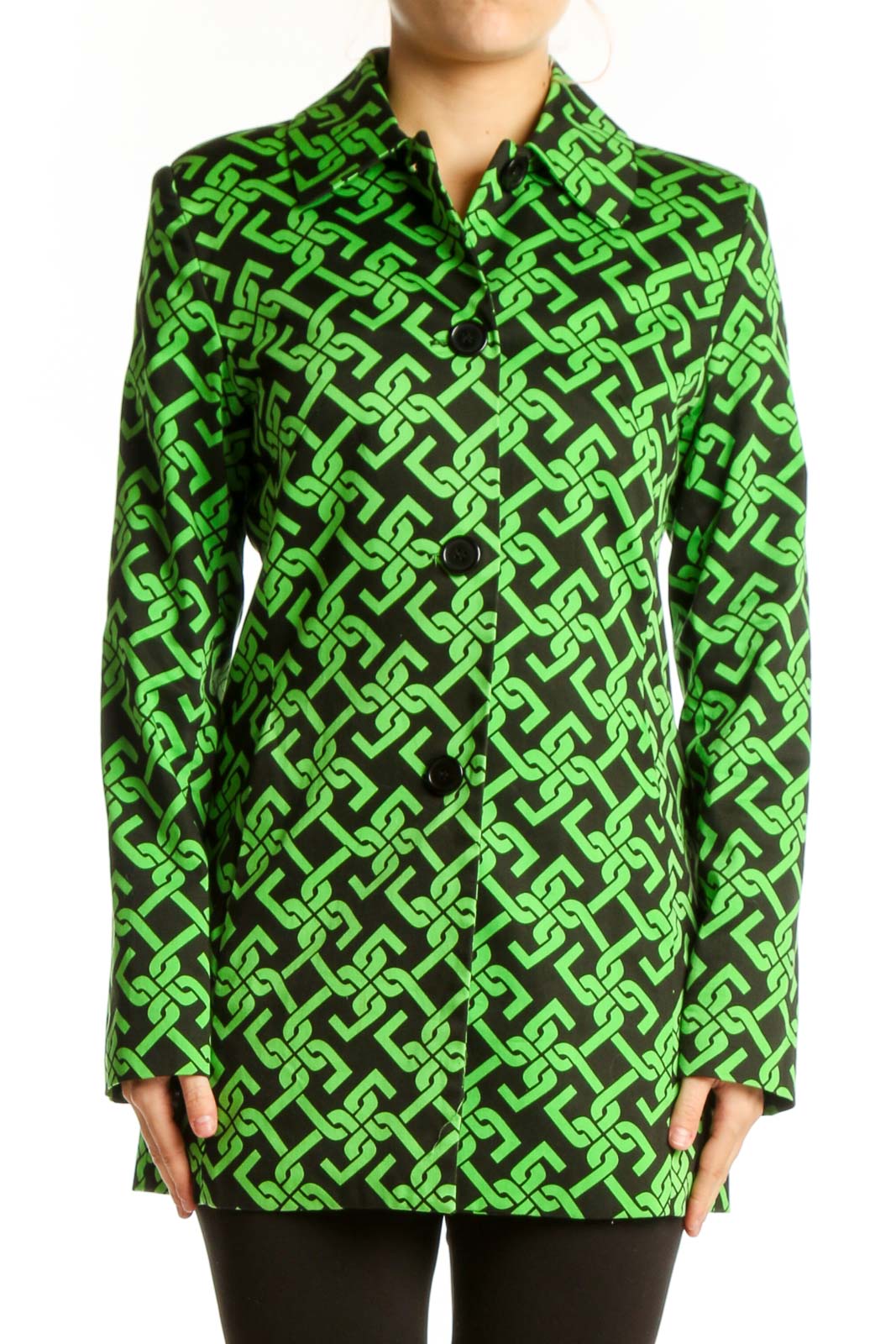 Front view of lime green and black geometric print button-up jacket by Skirtin Around, size S, featuring collared neckline and tailored silhouette