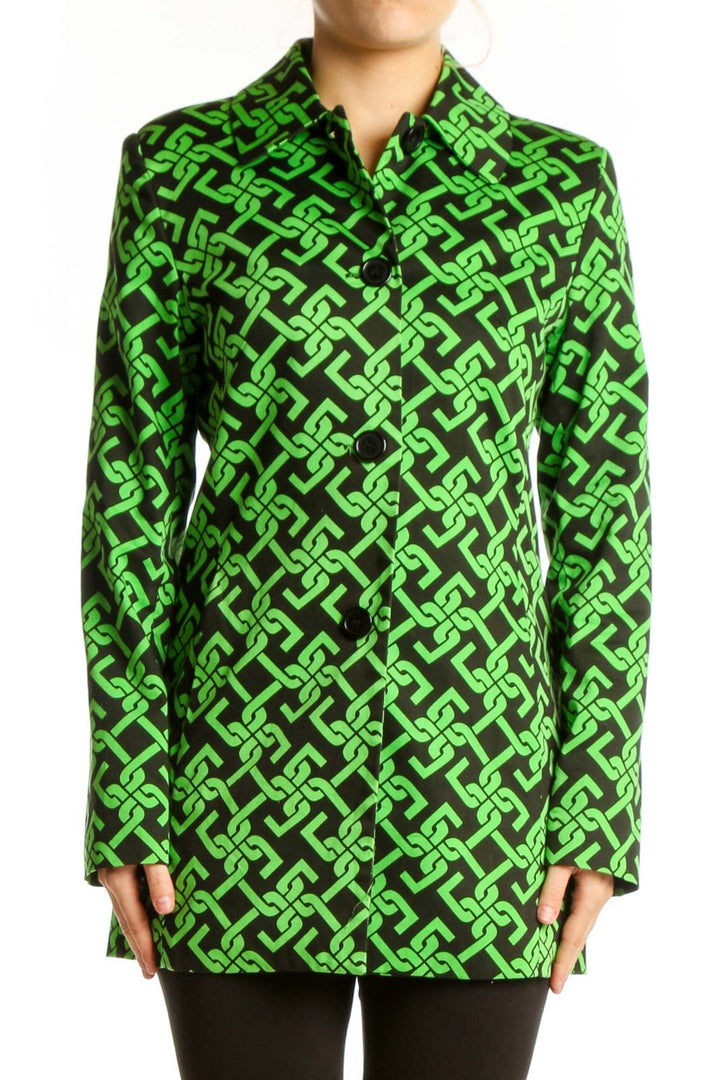 Front view of lime green and black geometric print button-up jacket by Skirtin Around, size S, featuring collared neckline and tailored silhouette