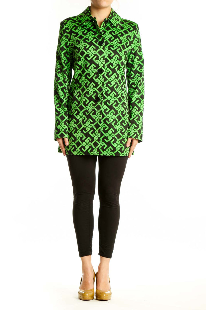 Front view of lime green and black geometric print button-up jacket by Skirtin Around, size S, featuring collared neckline and tailored silhouette