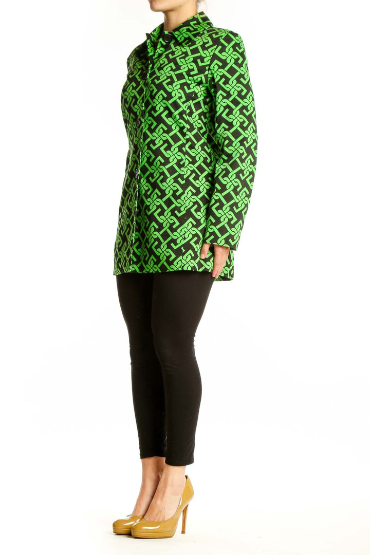 Front view of lime green and black geometric print button-up jacket by Skirtin Around, size S, featuring collared neckline and tailored silhouette