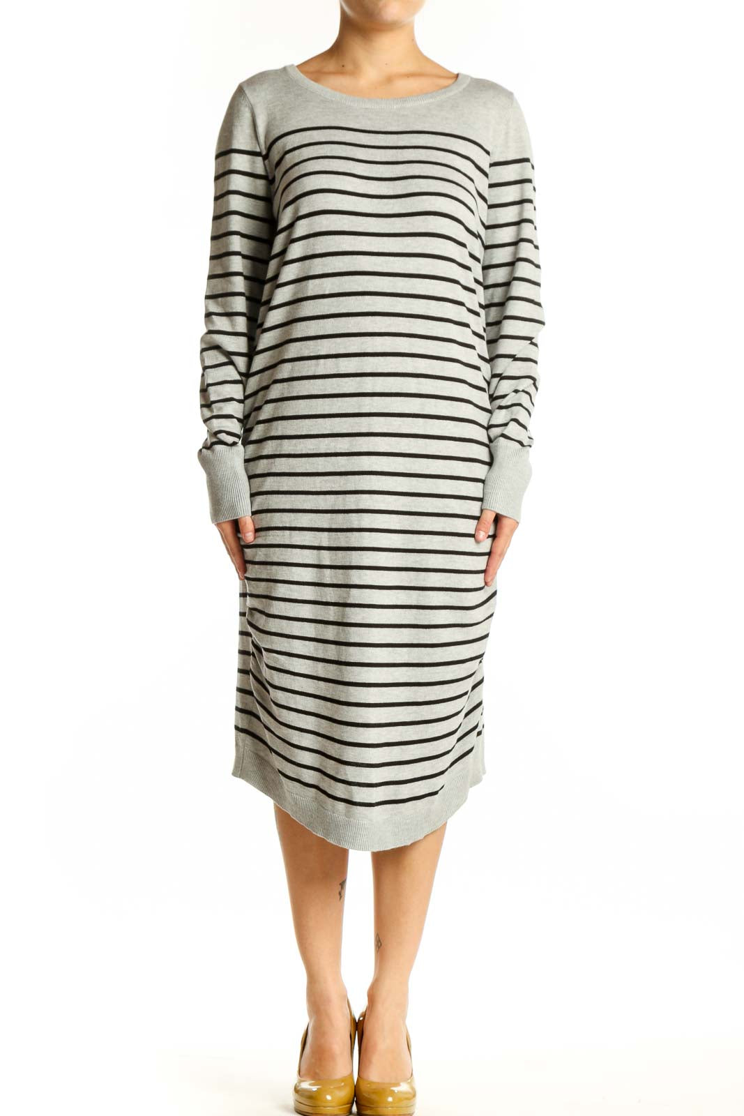 Front view of gray and navy striped long sleeve knit dress with crew neckline and midi length