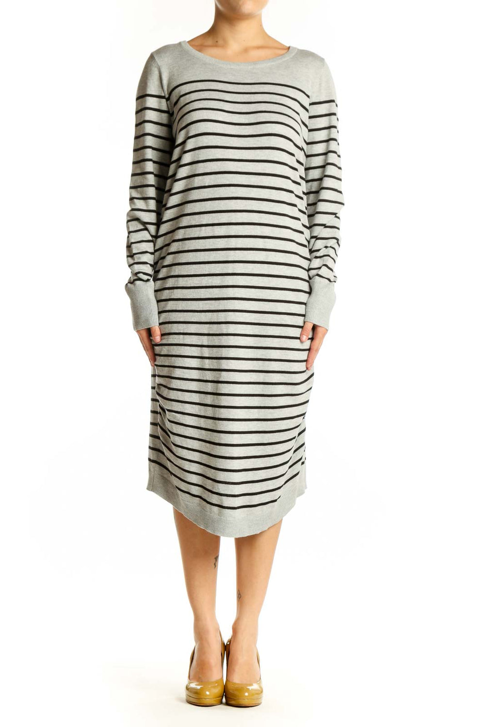 Front view of gray and navy striped long sleeve knit dress with crew neckline and midi length