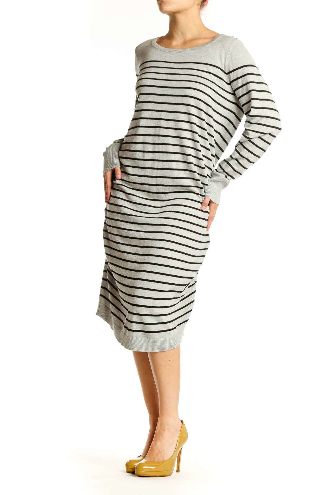 Front view of gray and navy striped long sleeve knit dress with crew neckline and midi length