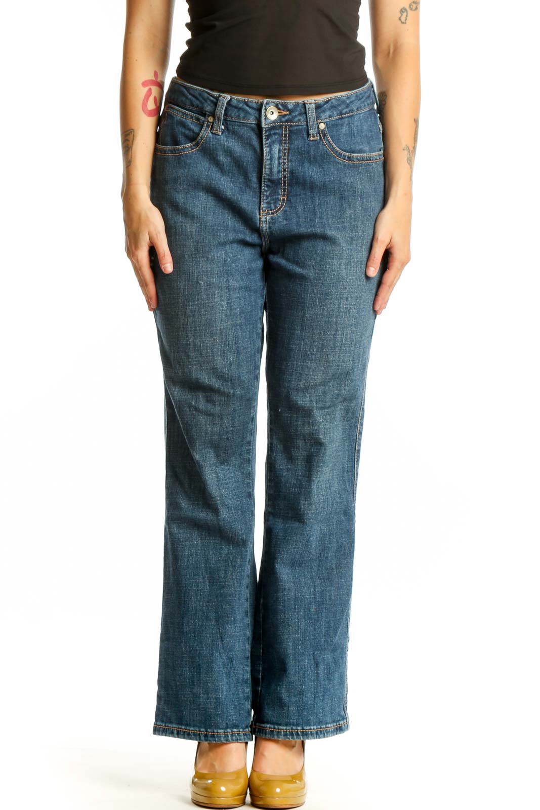 Front view of blue denim flare jeans by Aura at Wrangler, size XL, featuring mid-rise fit and classic five-pocket styling