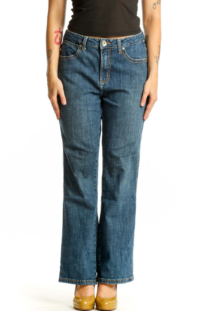 Front view of blue denim flare jeans by Aura at Wrangler, size XL, featuring mid-rise fit and classic five-pocket styling